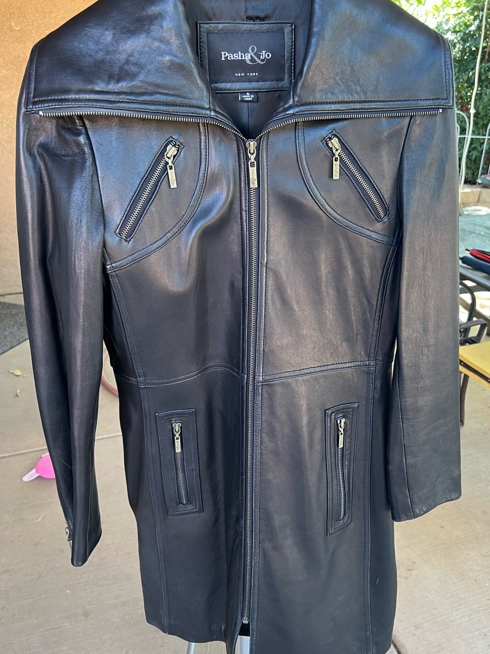 Pasha & Jo Black Long Leather Zip Coat
